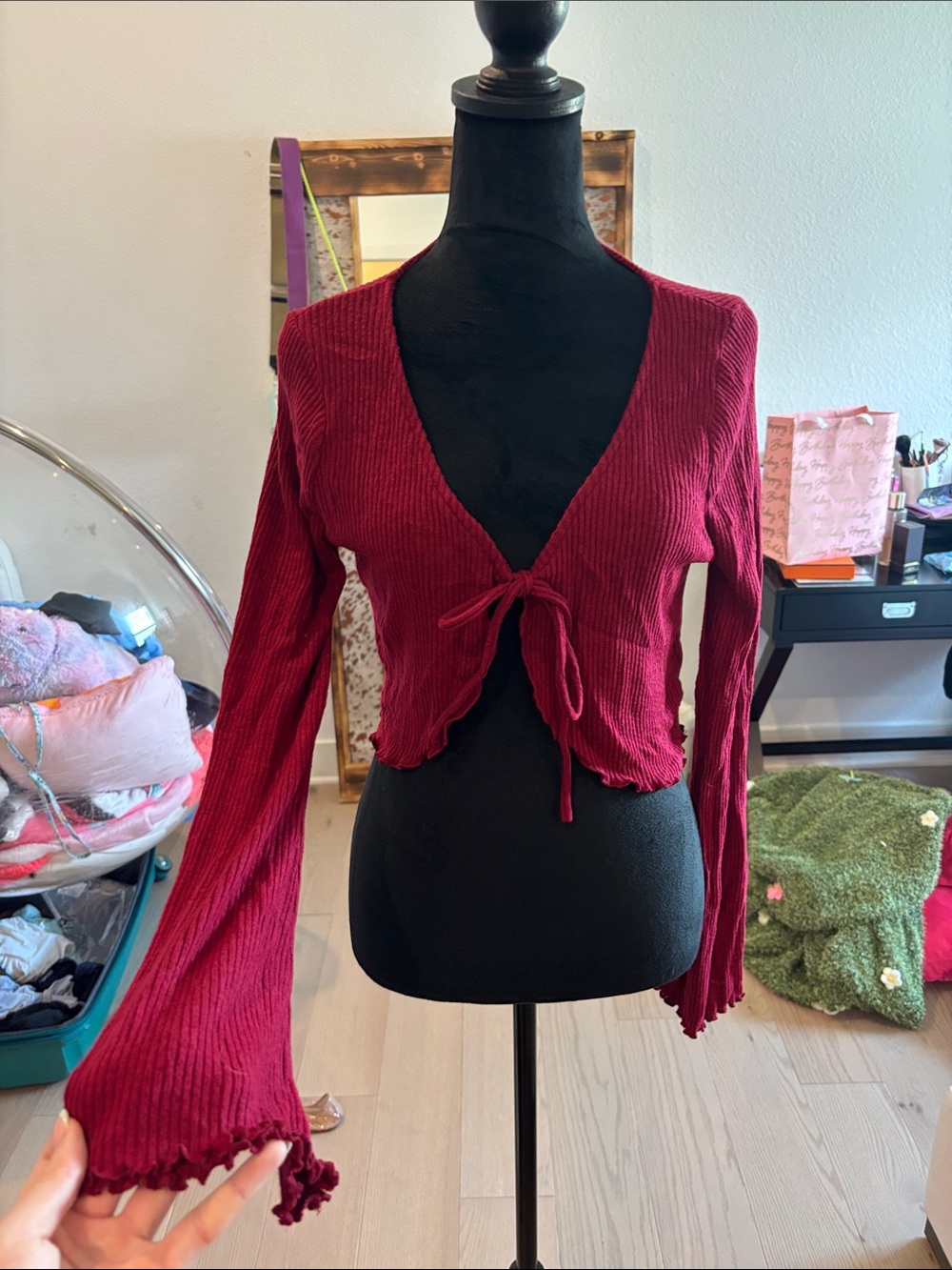 Tie-Front Ribbed Crop Top in Deep Berry
